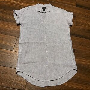 Tahari 100% Linen Shirt Dress Medium Blue‎ White Pinstripes Short Sleeve